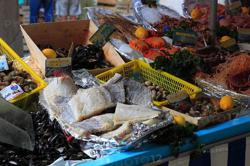 Fish and seafood at the market in Souillac in the Lot department in the far north-west of the Occitanie region of southern France,