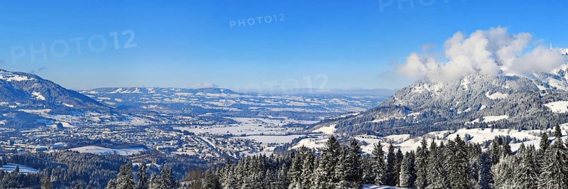 Wonderful winter landscape under a blue sky with a view of the Alpine foothills. Sonthofen, Oberallgaeu