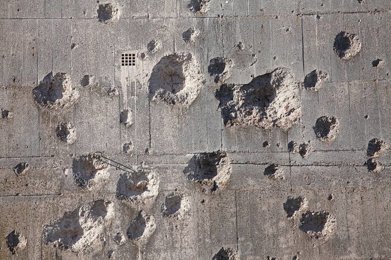 Bullet holes from the Second World War on an air raid shelter, Bremen