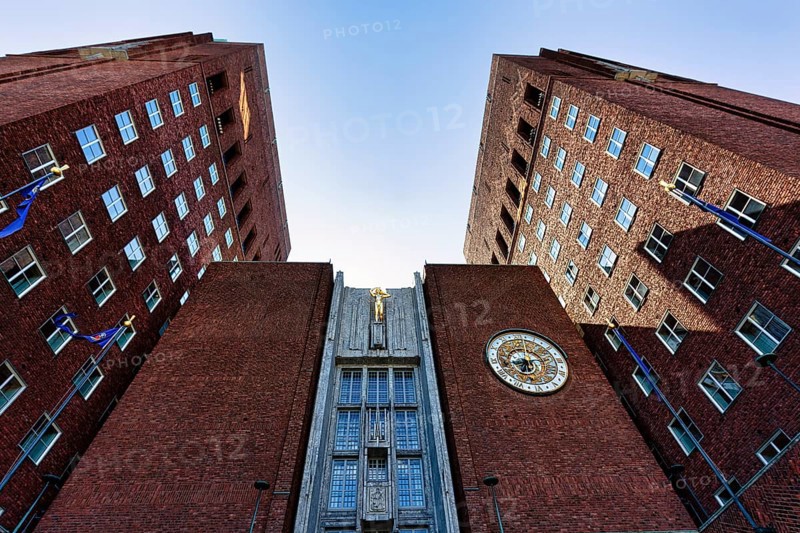 Monumental red brick city hall, north side facade