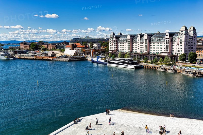 View from above of Oslofjord and jetty with harbour warehouse, forecourt of the opera