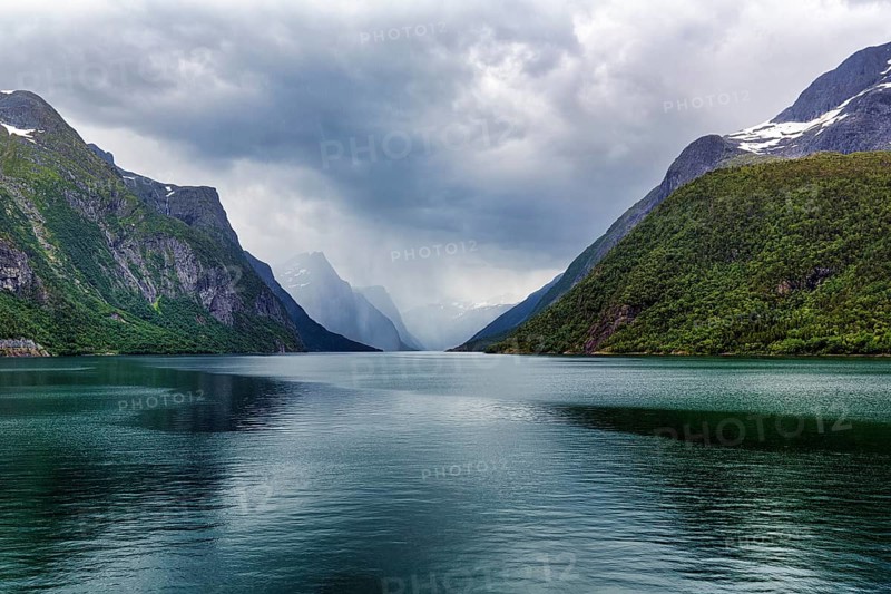 Lake Eikesdal, Eikesdalvatnet with high cloudy mountains