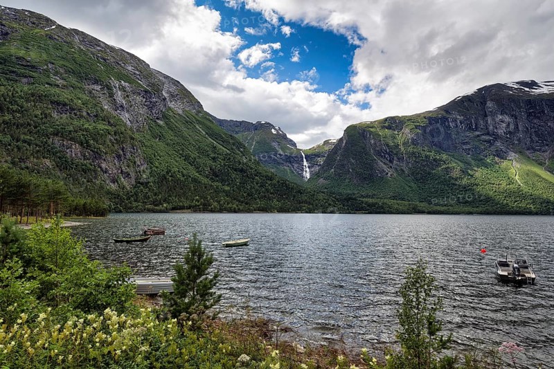 Lake Eikesdal, Eikesdalvatnet with view of the waterfall Mardalsfossen