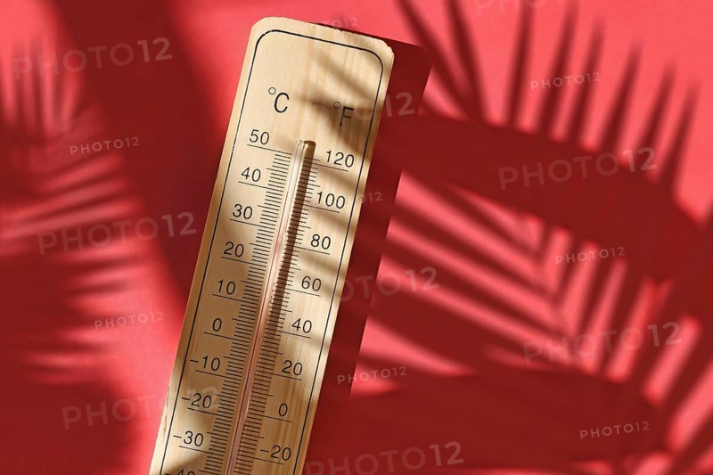 Wooden thermometer showing 40 degrees Celsius or 104 degrees Fahrenheit during summer heat wave,