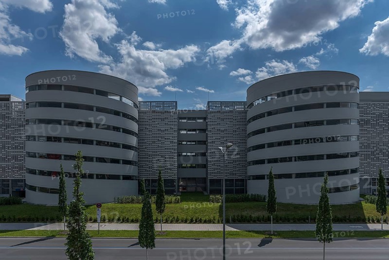 Modern multi-storey car park with two access towers at the airport, Nuremberg