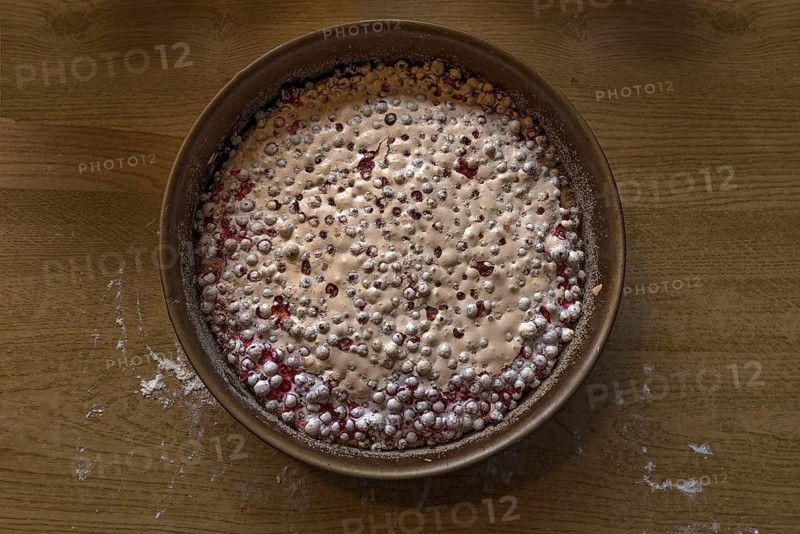Freshly baked redcurrant cake in a baking tin, Bavaria