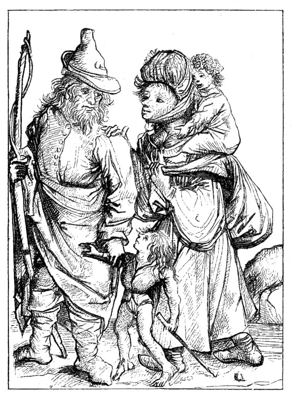 Farmer's wife with two children and he with a bow in the 15th century, facsimile of the copper engraving by the so-called Master of 1480
