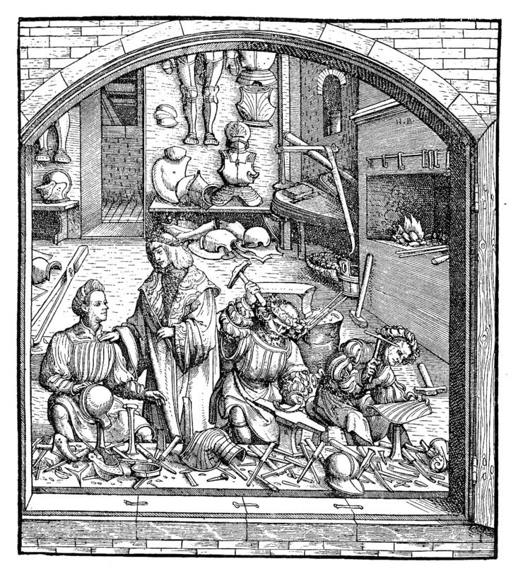 View from the street into the workshop of a gunsmith around the year 1500, facsimile of the woodcut by Hans Burgkmair