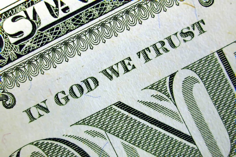 Macro of one dollar note greatly enlarged,