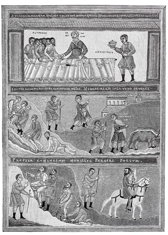 Depiction of the biblical parable of the banquet, above the occupied table of the rich