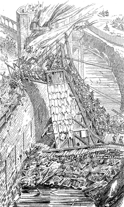 Attack and defence of a city wall in the 12th century, after Eugene Emmanuel Viollet-le-Duc