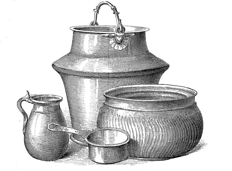 Vessels from Roman times, a bronze jug from the left