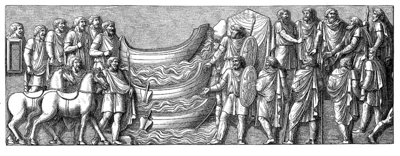 Alliance between the king of the Marcomanni and another Germanic prince, depicted on Marcus Aurelius' Victory Column in Rome