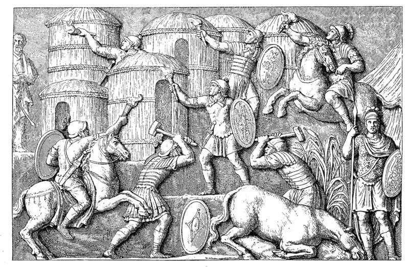 Destruction of the huts in a deserted village in front of the arrival of the enemies, from a relief on the Victory Column by Marcus Aurelius
