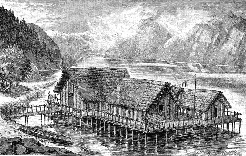Reconstruction of a pile dwelling settlement, Germany