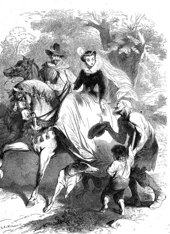 Elegant Couple on Horseback Giving a Beggar a Meek Gift, Germany