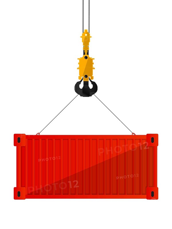 Red freight shipping container hanging on crane hook,