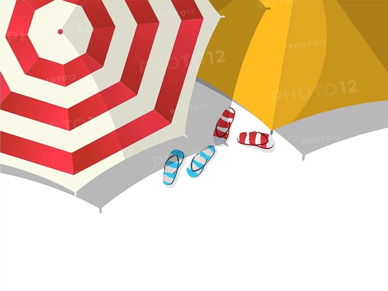 Colored beach umbrellas and slippers over white with copy space,