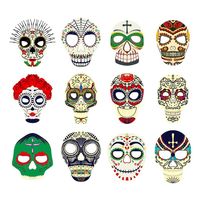 Day of the dead Mexican skull symbols collection, vector masks over white background