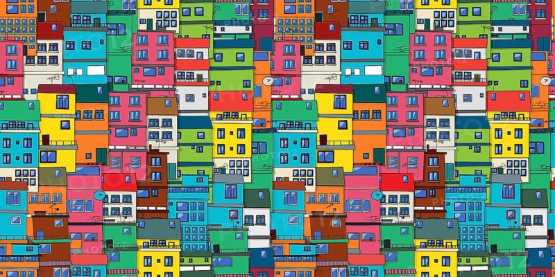 Urban background in colors, seamless vector pattern with Brazilian favela