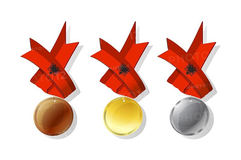 Albanian medals in gold, silver and bronze with national flag. Isolated vector objects over white background