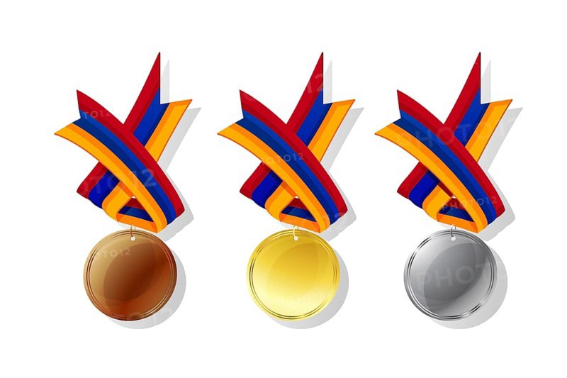 Armenian medals in gold, silver and bronze with national flag. Isolated vector objects over white background