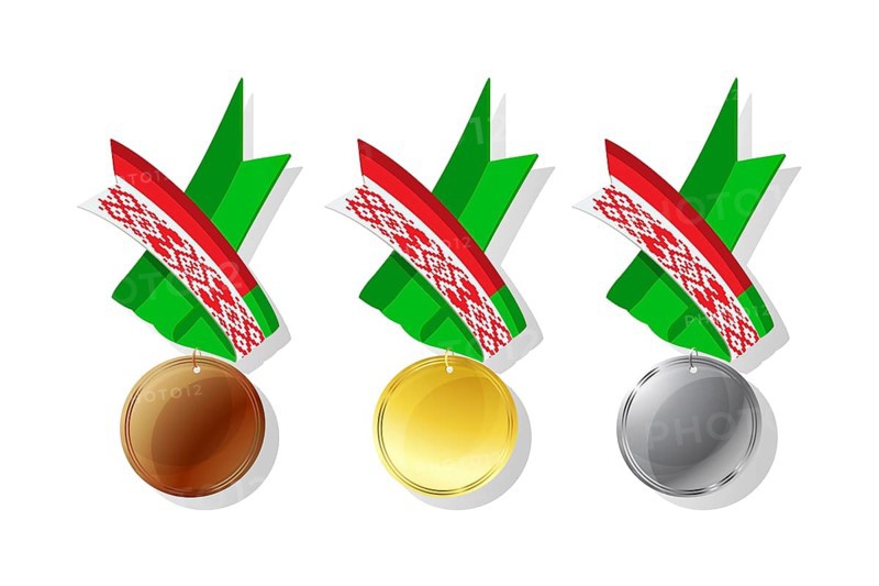 Belarusian medals in gold, silver and bronze with national flag. Isolated vector objects over white background
