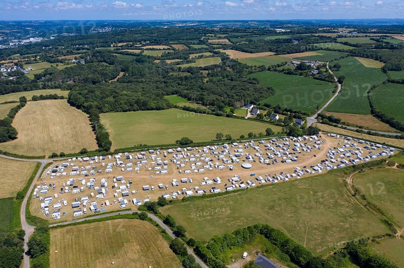 Aerial view of Gens de Voyage or Travelling People camp set up without permission in a field in Dirinon, Finistere Penn-ar-Bed department