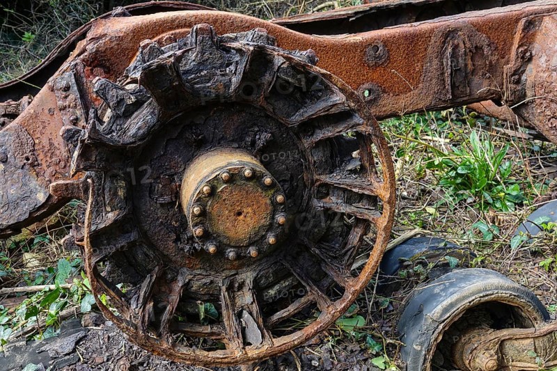 Rusty remains of the chassis of an old military vehicle, Fort de la Fraternite