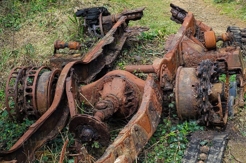 Rusty remains of the chassis of an old military vehicle, Fort de la Fraternite
