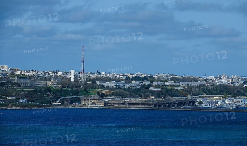 View from the Pointe des Espagnols viewpoint in Roscanvel across the bay to the former submarine repair yard, largest WW2 bunker in Brest