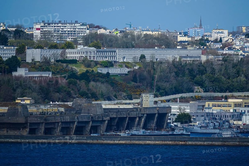 View from the Pointe des Espagnols viewpoint in Roscanvel across the bay to the former submarine repair yard, largest WW2 bunker in Brest