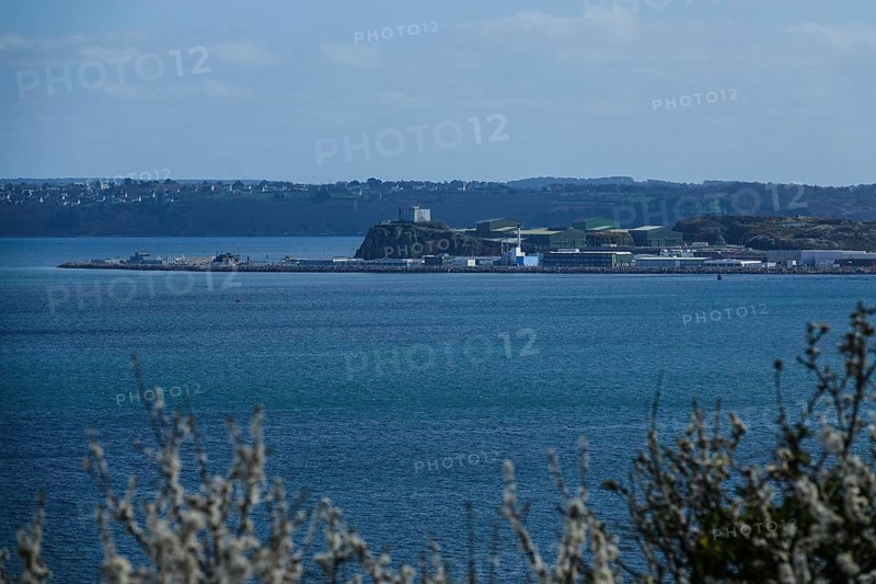 View from the Pointe des Espagnols viewpoint in Roscanvel of Ile Longue, where the French nuclear submarine fleet is stationed