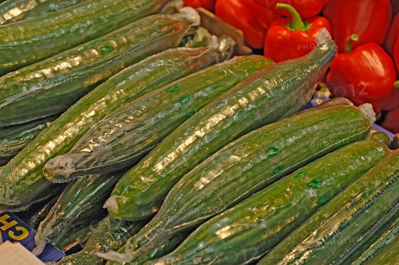 Cucumbers in the supermarket, wrapped in foil