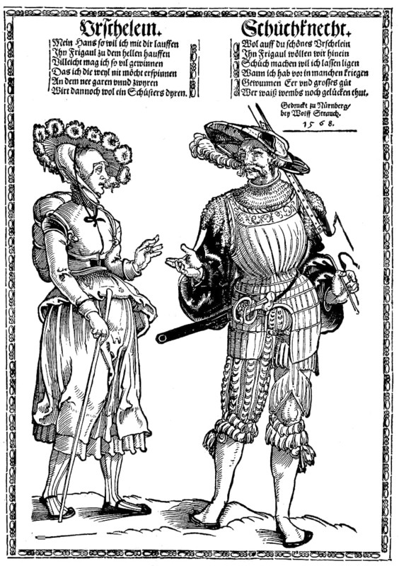 A craftsman leaves his profession and goes to war as a lansquenet, symbolic woodcut by Peter Floetner