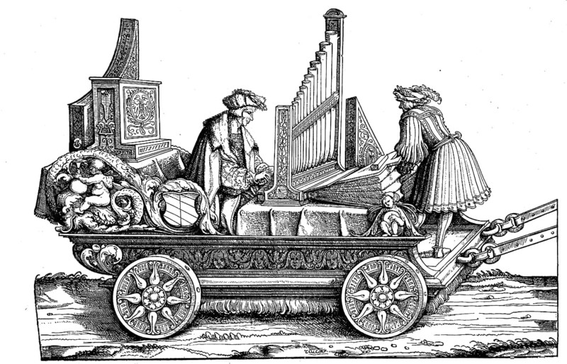 Chariot with organ, group of Maximilian I. Facsimile by Hans Burgkmair Woodcut: Maximilian's triumphal procession is a monumental work from the 16th century
