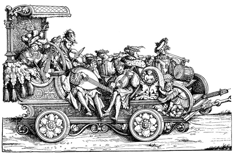 Coach with musicians, group of Maximilian I. Facsimile by Hans Burgkmair Woodcut: Maximilian's triumphal procession is a monumental work from the 16th century