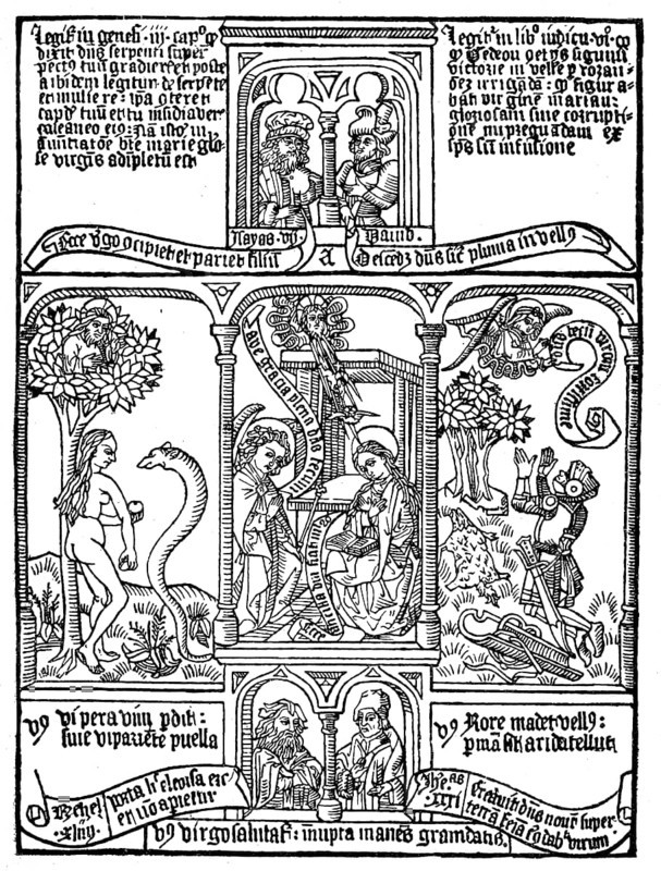 Facsimile of a page from the first printed Latin edition of the Bible of the Poor, Biblia Pauperum