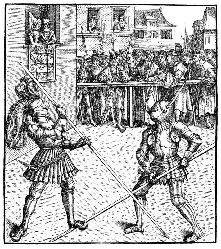 Maximilian in the jousting tournament on foot, facsimile of a woodcut illustrated by Hans Burgkmair