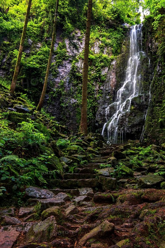 Waterfall with old stone steps in the green forest, the Burgbach waterfall near Schapbach in the Black Forest