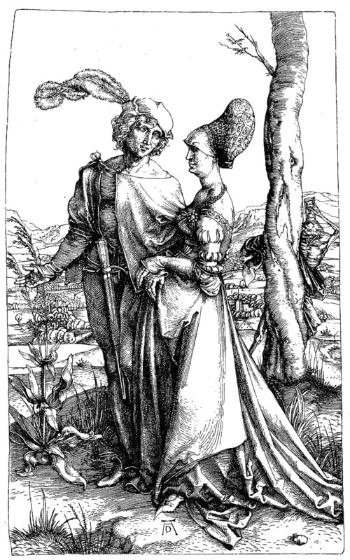 Nobleman and lady promenading, behind the tree trunk Death waits with the hourglass