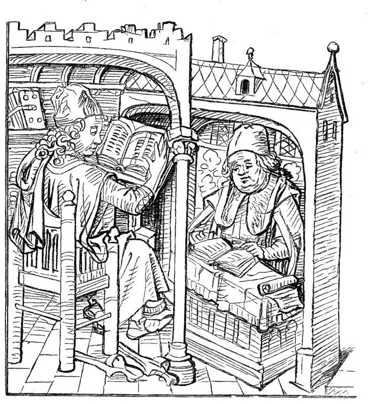 Scholars studying at reading desks, from the medieval house book from the 15th century
