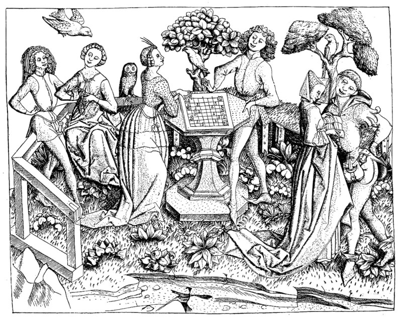 A company in the garden playing chess, in the 15th century