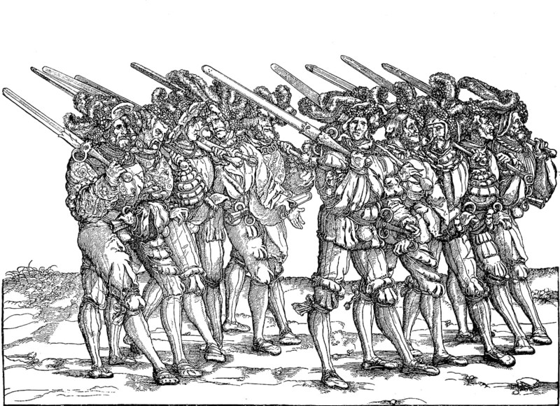 Foot soldiers armed with two-handed swords and daggers, facsimile of a woodcut in Hans Burgkmair's Triumphant Procession of Maximilian I at the beginning of the 16th century