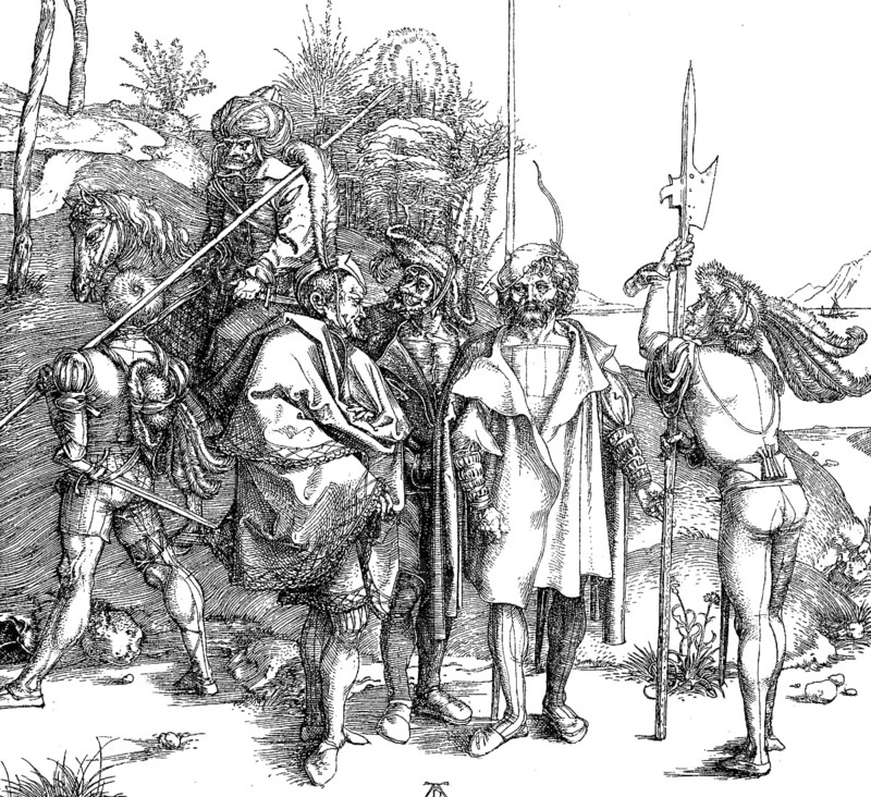 Warriors, in the centre two noblemen in cloaks and in the background a Turkish horseman