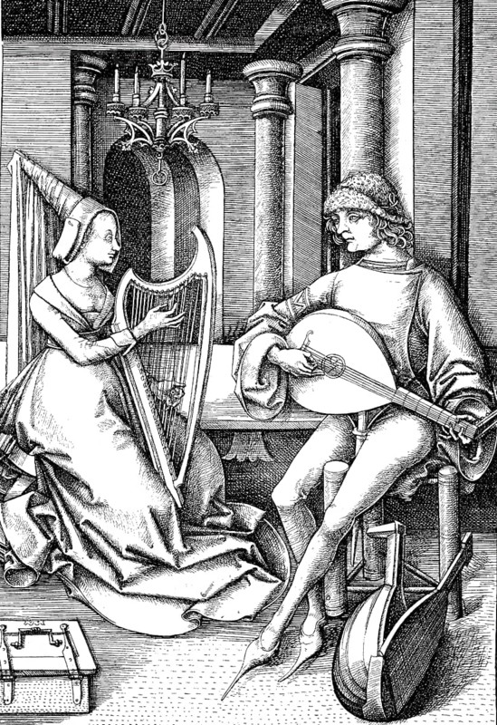 House music with harp and lute, composition in the 15th century