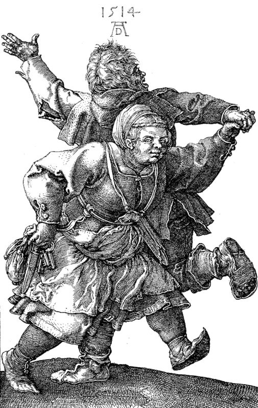 A dancing peasant couple, copperplate engraving by Albrecht Duerer