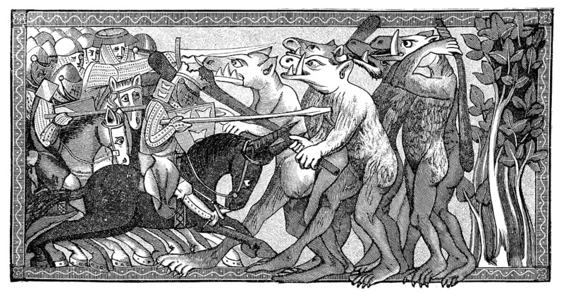 Alexander in battle with fantastic creatures in human form with horse heads and giant teeth, from the Brussels manuscript of the priest Lamprecht