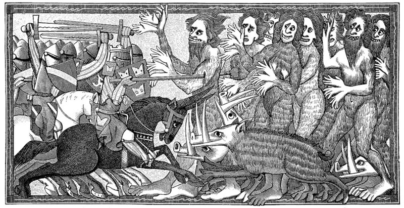 Alexander in battle with six-handed human-like creatures and pigs with terrible teeth, from the Brussels manuscript of Lamprecht's priests