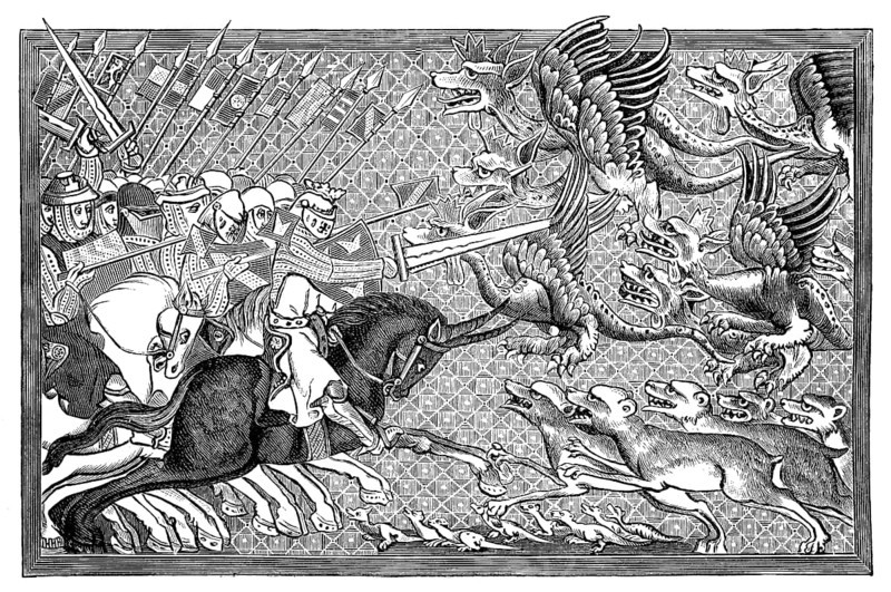 Alexander fighting dragons and other fantastic beasts, miniatures in a 13th century manuscript by the priest Lambrecht